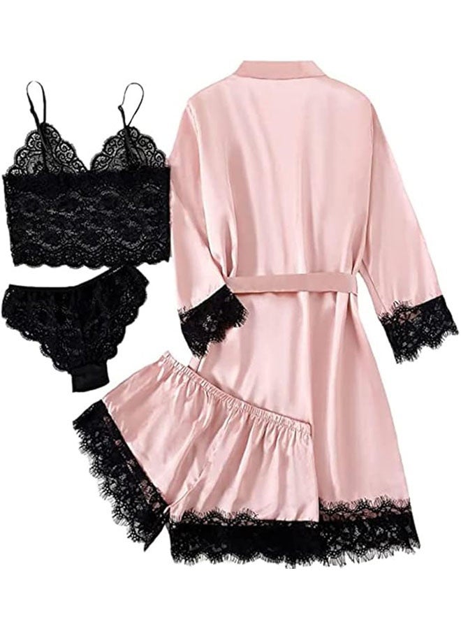 4 حزمة النساء ملابس ليلية مجموعة، الدانتيل مقطوعة الحرير الساتين بيجاما مجموعة، السيدات الصيف التنفس المنزل ارتداء الملابس البدلات، ملابس نوم الداخلية مع رداء، الوردي / الأسود، S الحجم - Image 4